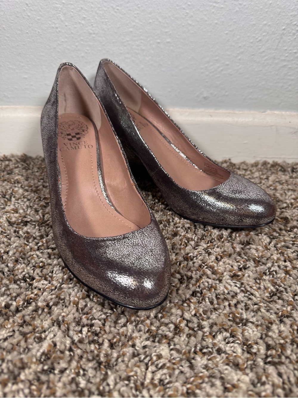 Vince Camuto Shimmery Pewter Round-Toe Leather Pumps